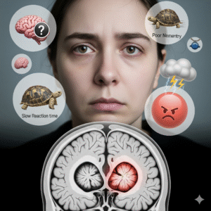 Visual representation of the cognitive effects of sleep deprivation, including impaired memory, slow thinking, and mood swings.