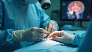 Neurosurgeon using an endoscope and specialized tools for brain surgery.