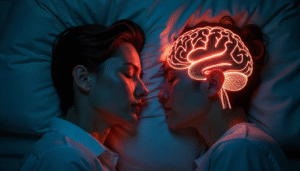 Illustration showing the difference between a clean, healthy brain during sleep and a chaotic, toxic brain from sleep deprivation.