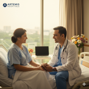 Patient recovering after treatment by the Best brain tumor surgeon in India Dr Aditya Gupta.