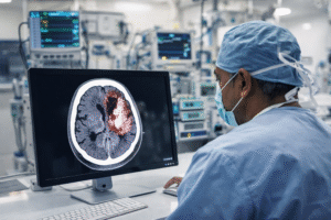 CT scan diagnosis of brain hematoma by neurosurgeon