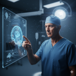 Top neurosurgeon in India reviewing a digital brain map for a Deep Brain Stimulation procedure.