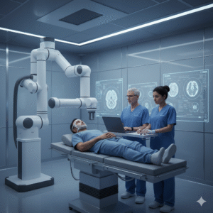 CyberKnife robotic radiosurgery being performed by the best neurosurgeon in India for brain tumor treatment.